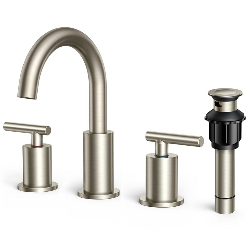 FORIOUS Brushed Nickel Bathroom Faucet 3 Hole Vanity with Metal Pop Up Drain and 24" Supply Lines, 2 Handle 8 Inch Widespread Faucet for Bathroom Sink 3 Hole Brushed Nickel with 360Â° Swivel Spout - Image 1